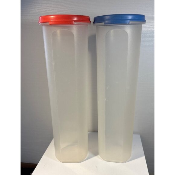 Tupperware Spaghetti Keeper Set of 2 Tall Clear Canisters Red & Blue Lids 11" - Picture 8 of 8